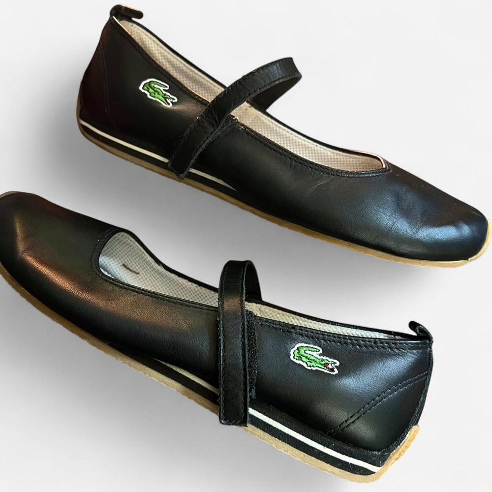 Lacoste Black Mary Jane Flats with Green Croc Logo
